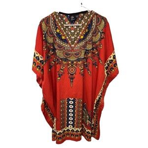 Studio EY Women Red Blue Yellow Kaftan Glitter ONE SIZE POLYESTER Slits Vneck